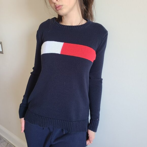 Tommy Hilfiger Flag Stripe Sweater XS 100% Cotton Preppy Colorblock - Picture 1 of 8
